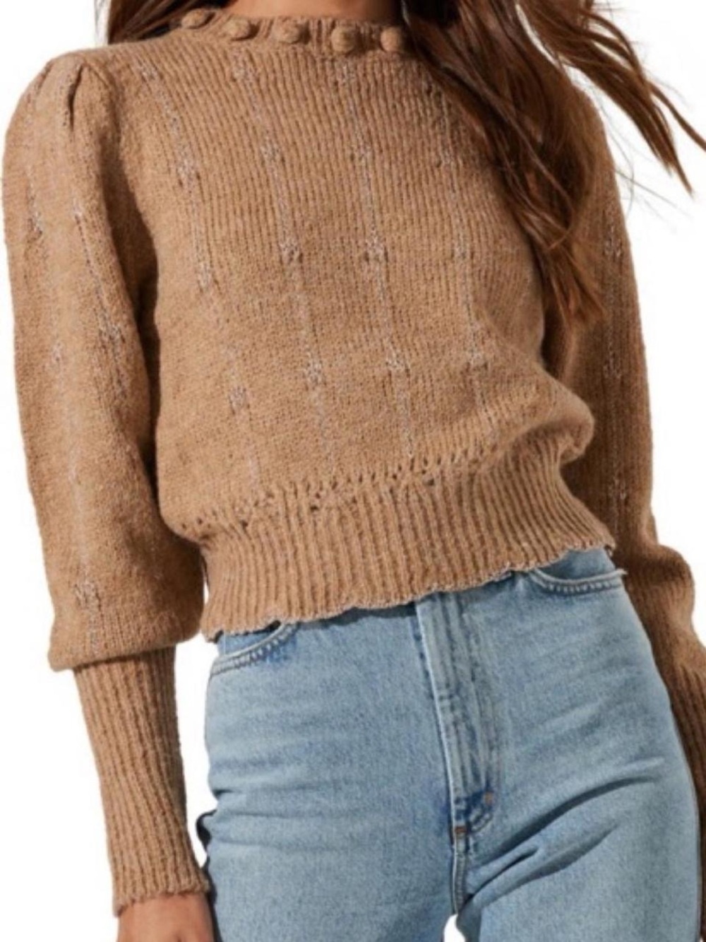 Scallop Hem Pompom Sweater in Biscuit brown ASTR the Label
